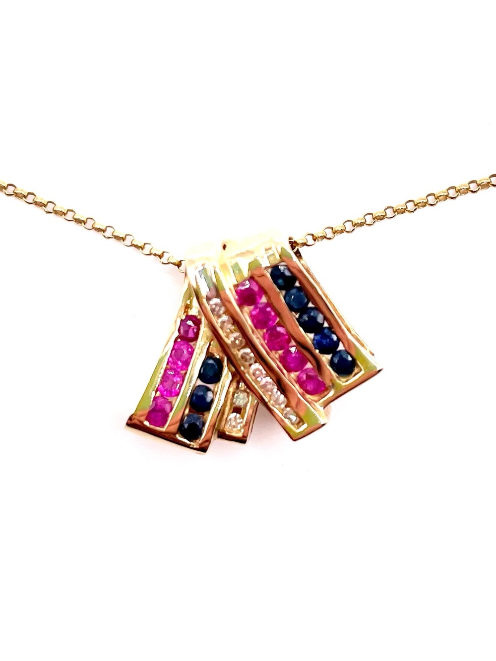 14k Gold Pendant Necklace with Pink and Blue Stones